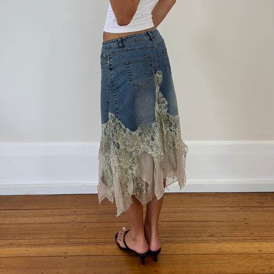 denim lace midi skirt