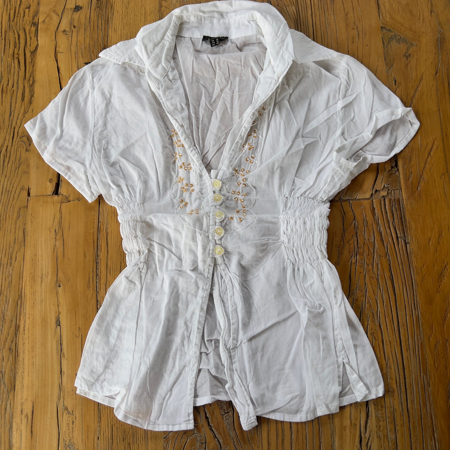 white ruched button up shirt