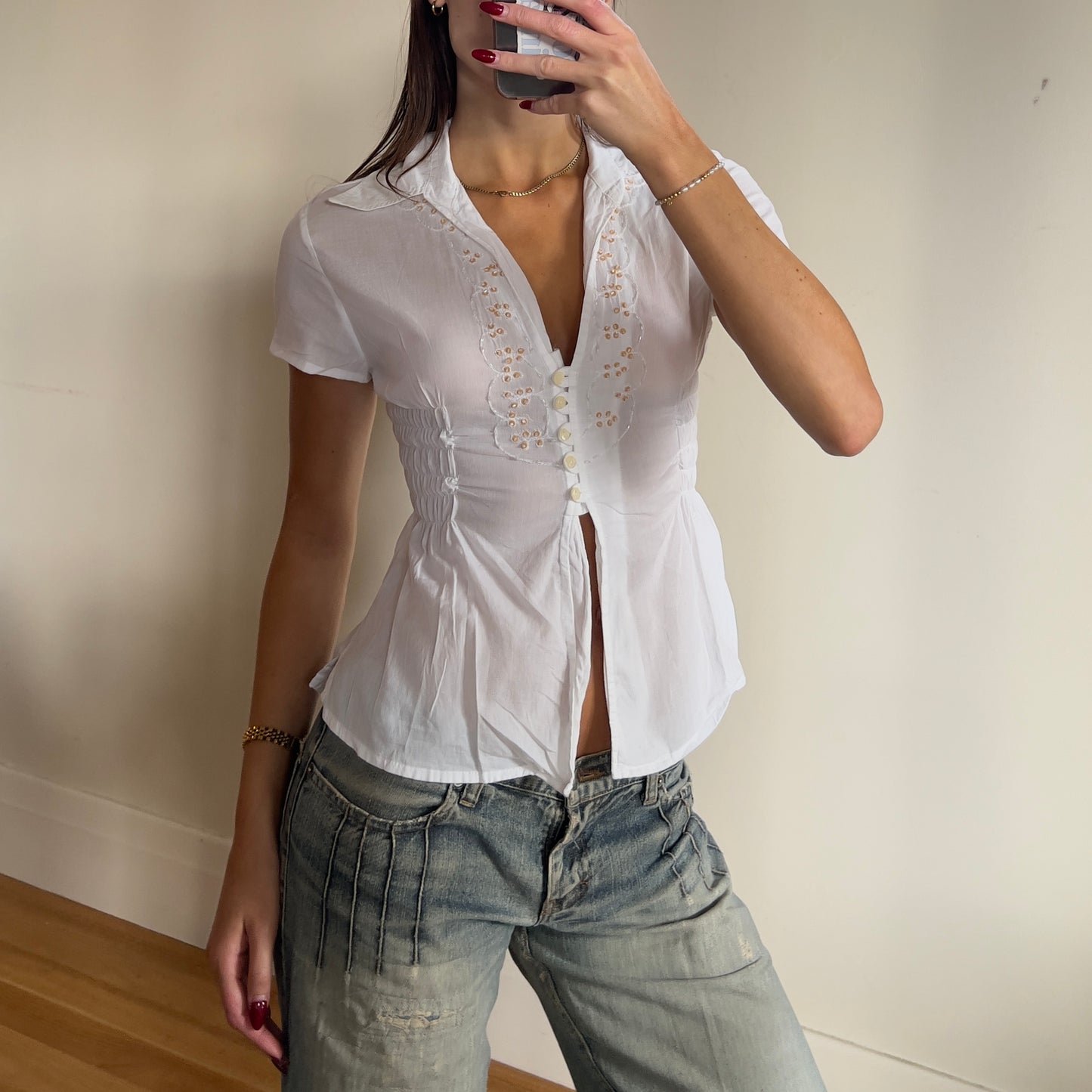 white ruched button up shirt