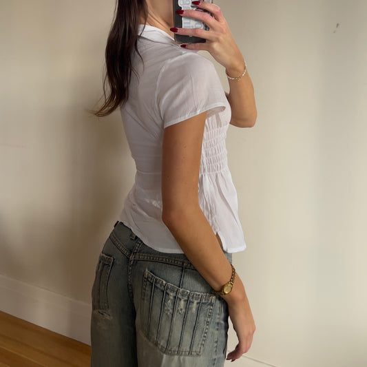 white ruched button up shirt