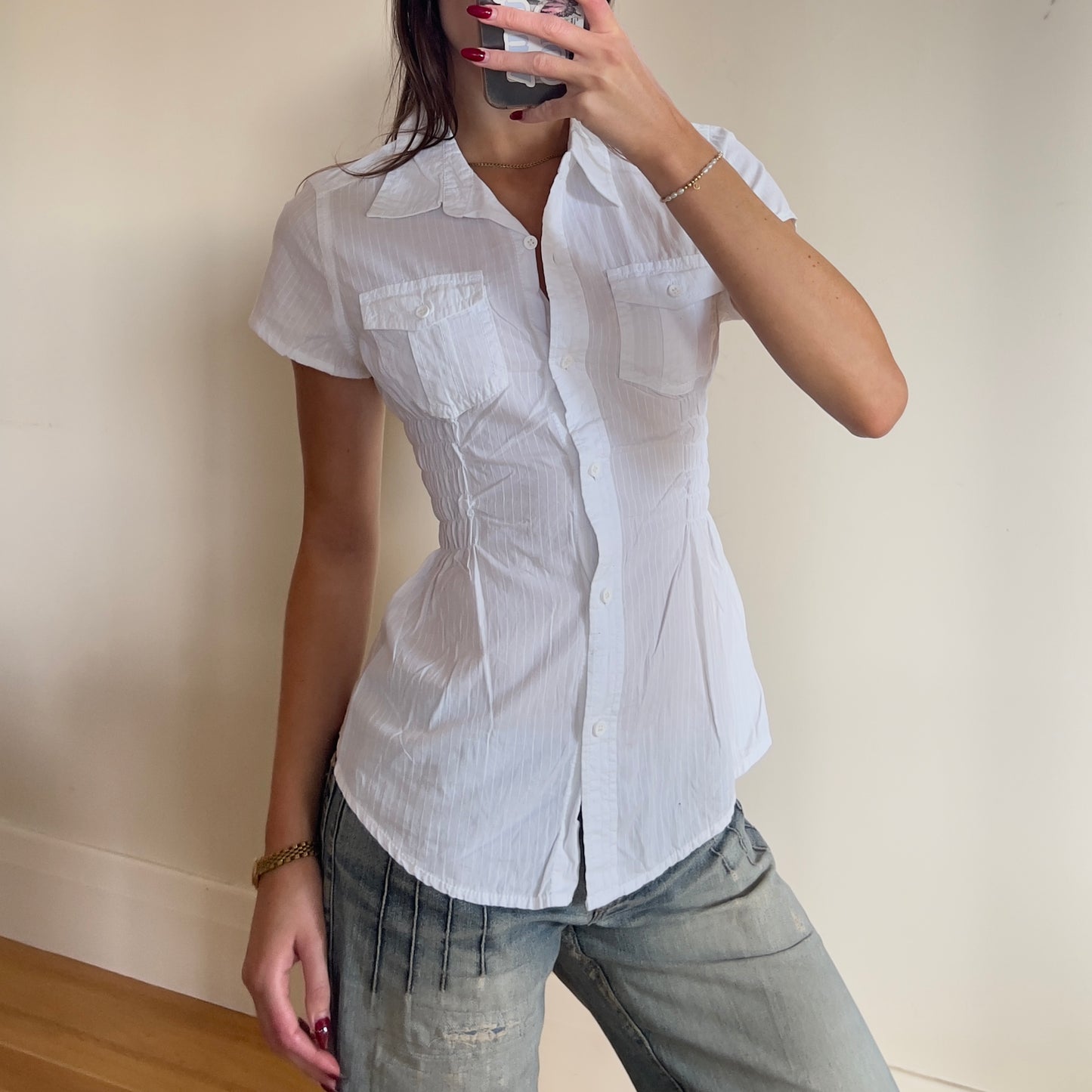 white reworked ruched shirt