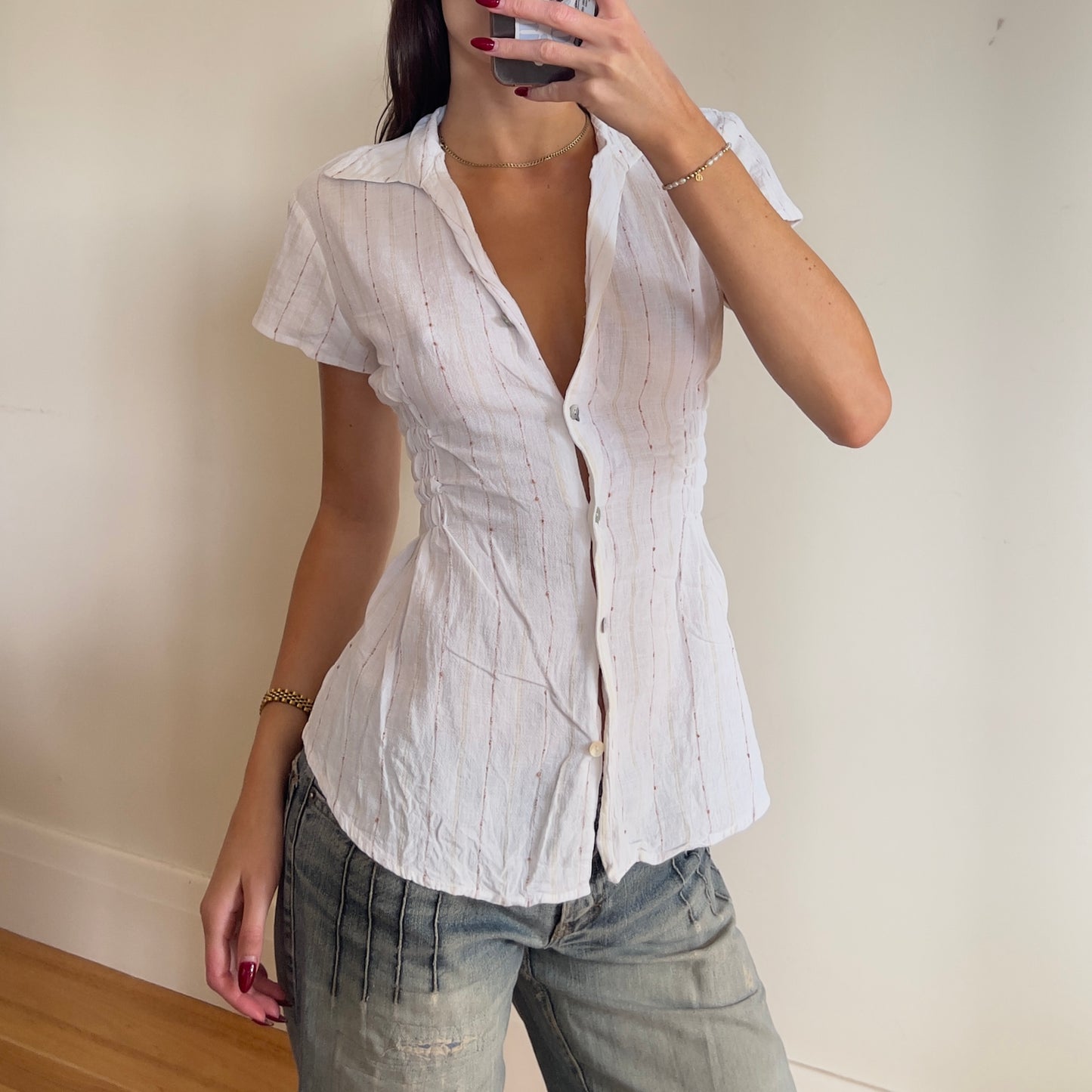 white reworked ruched shirt