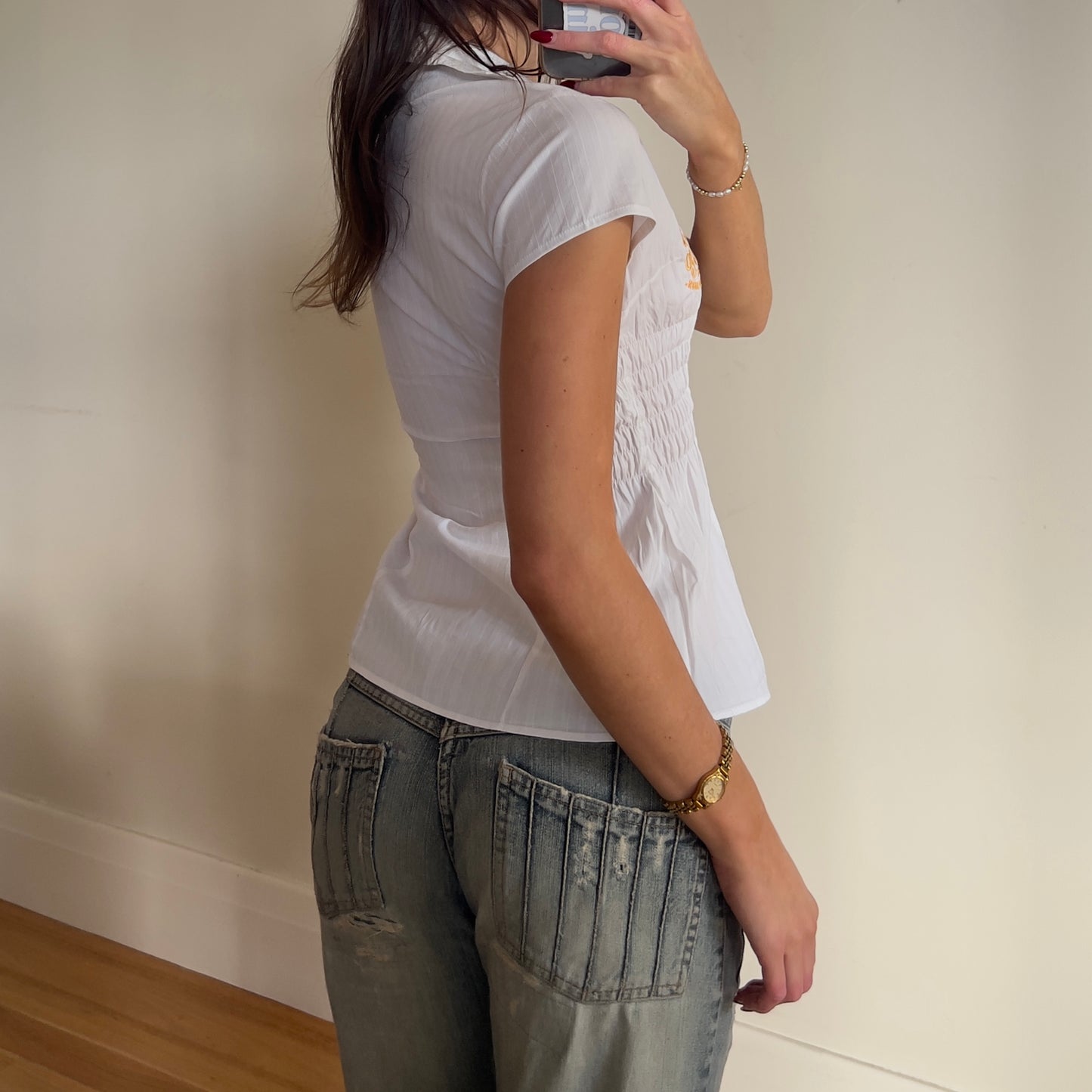 white reworked ruched shirt