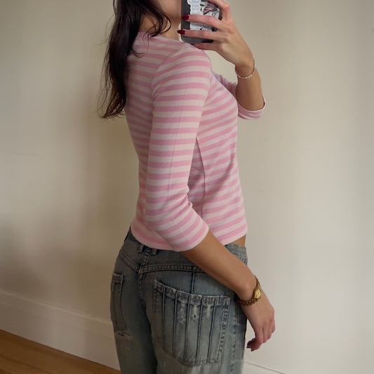 y2k pink stripe 3/4 sleeve top