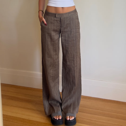 brown pinstripe linen trousers
