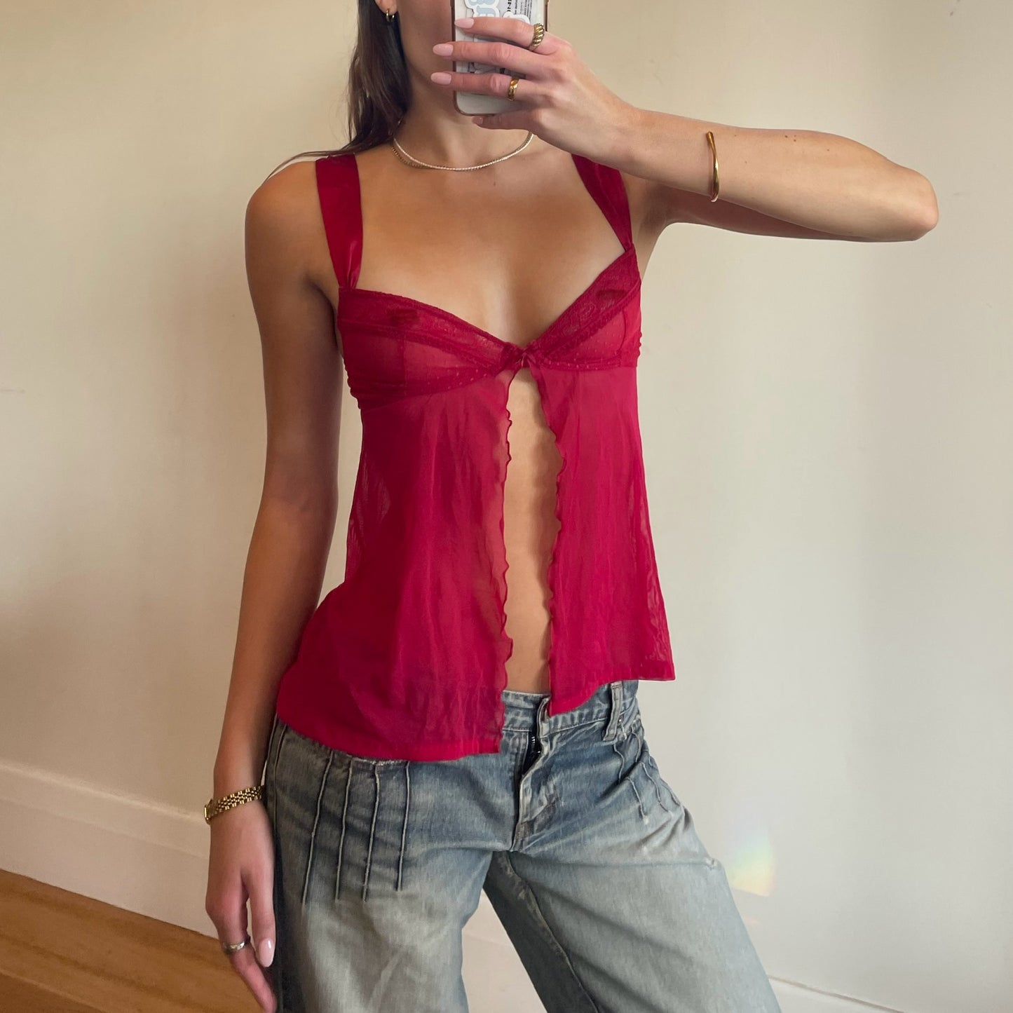 red sheer fairy top