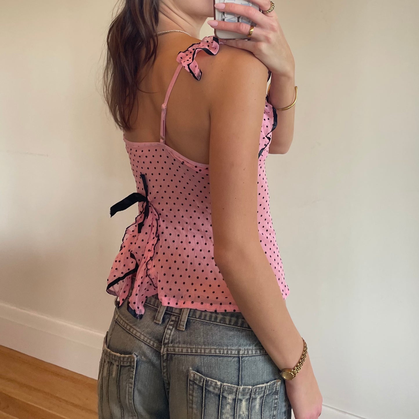 2000s pink polka dot cami