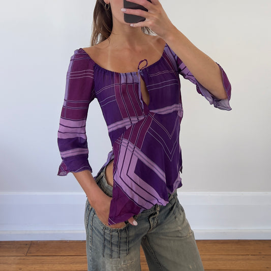 sheer graphic purple blouse