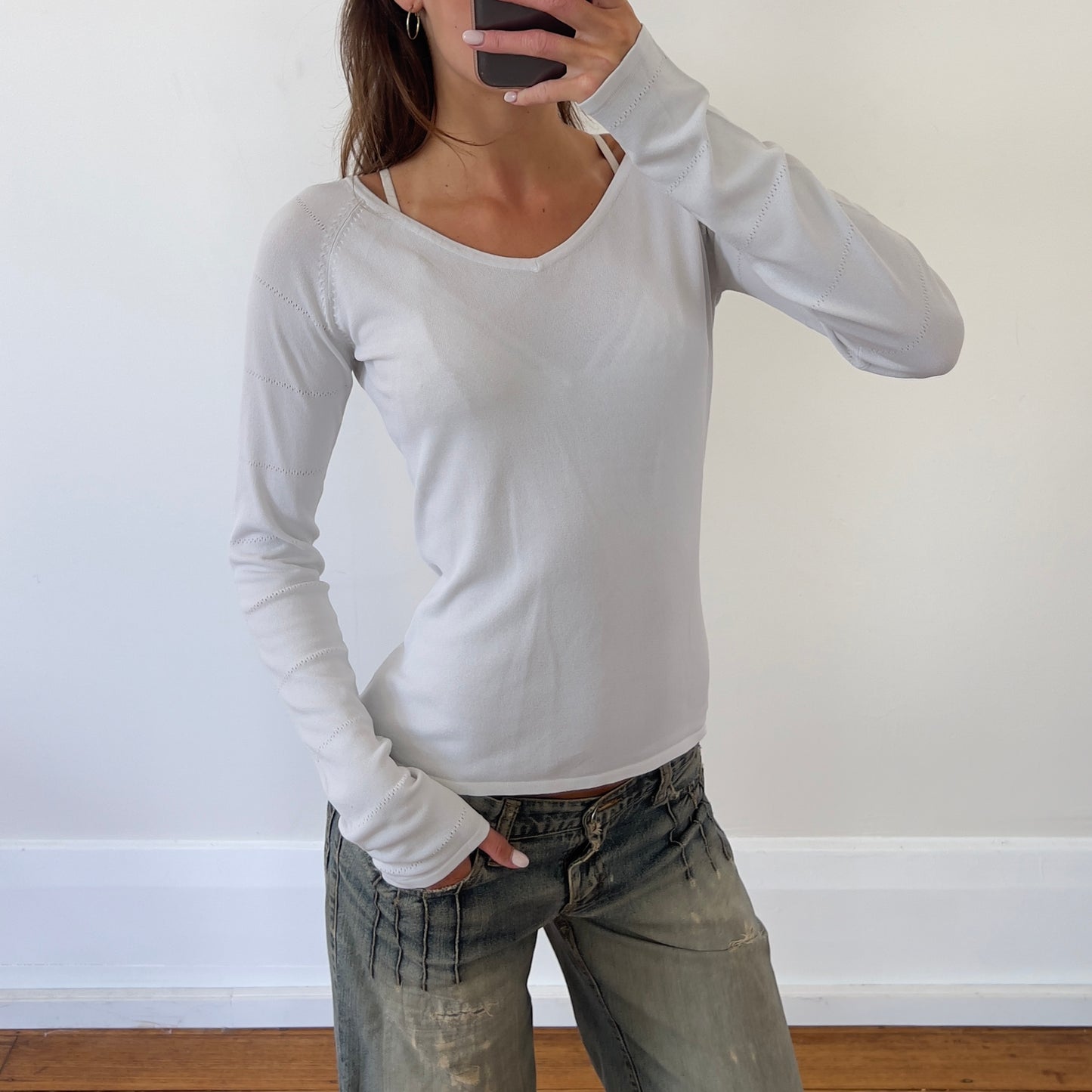 white wide neck long sleeve