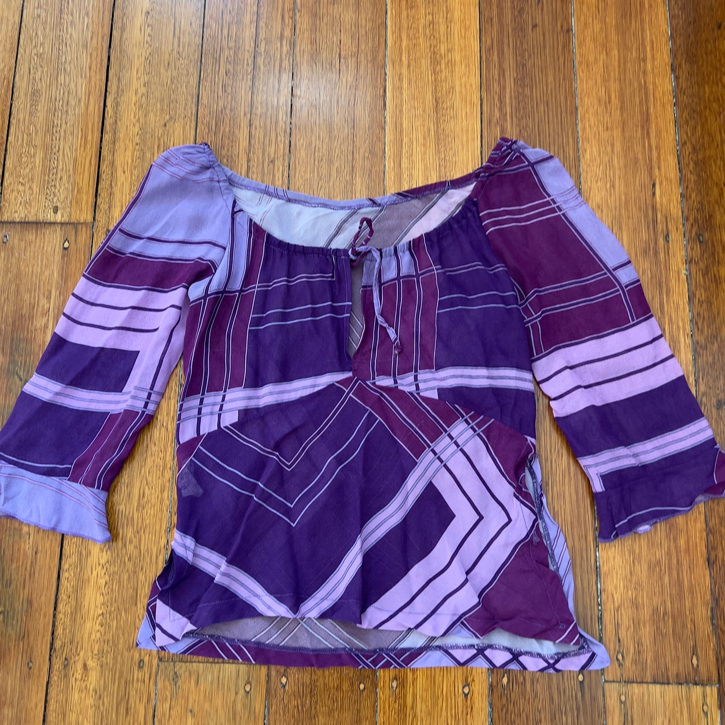 sheer graphic purple blouse