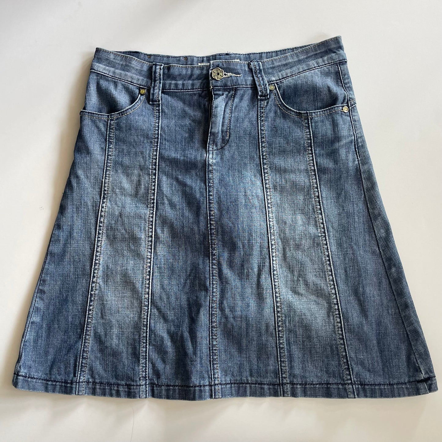 low rise denim midi skirt