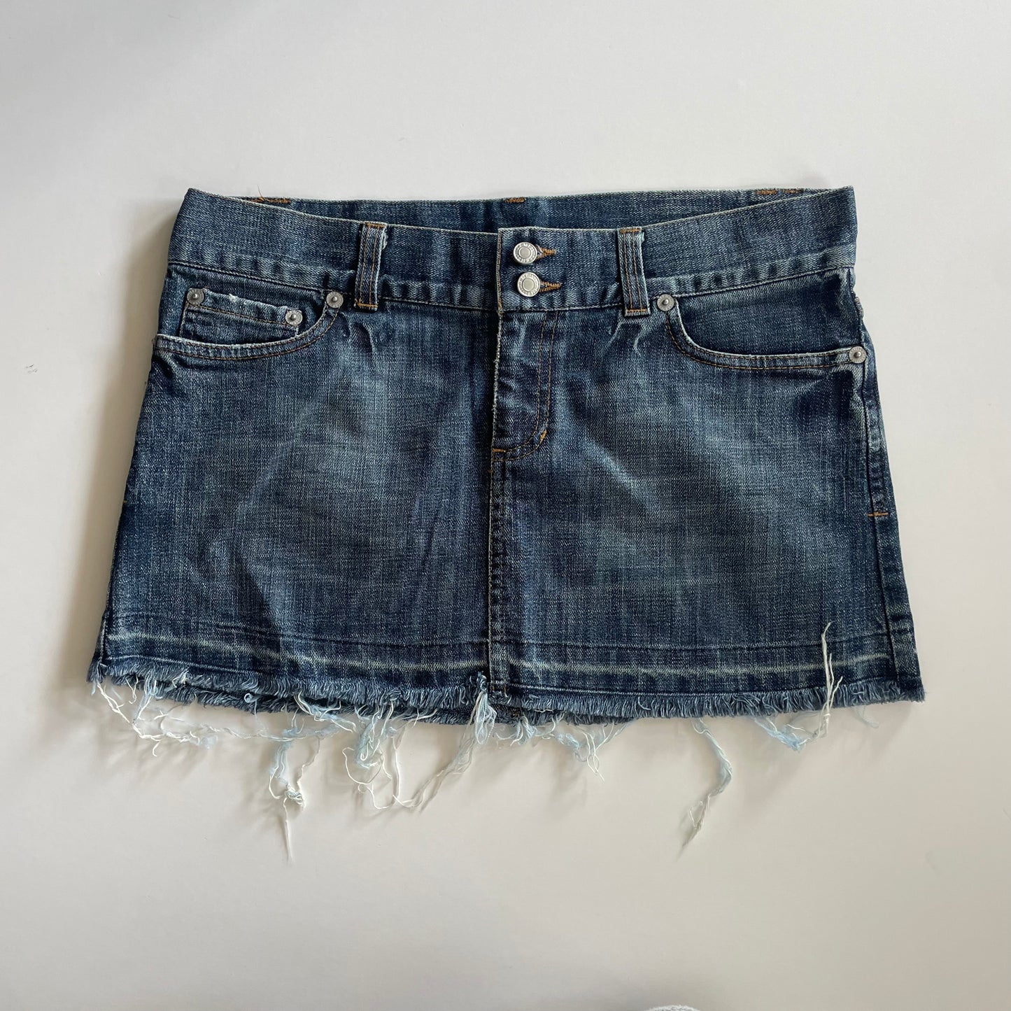 dark wash denim mini skirt