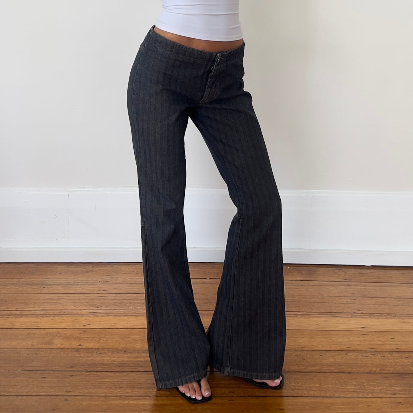 pinstripe flared jeans with slit