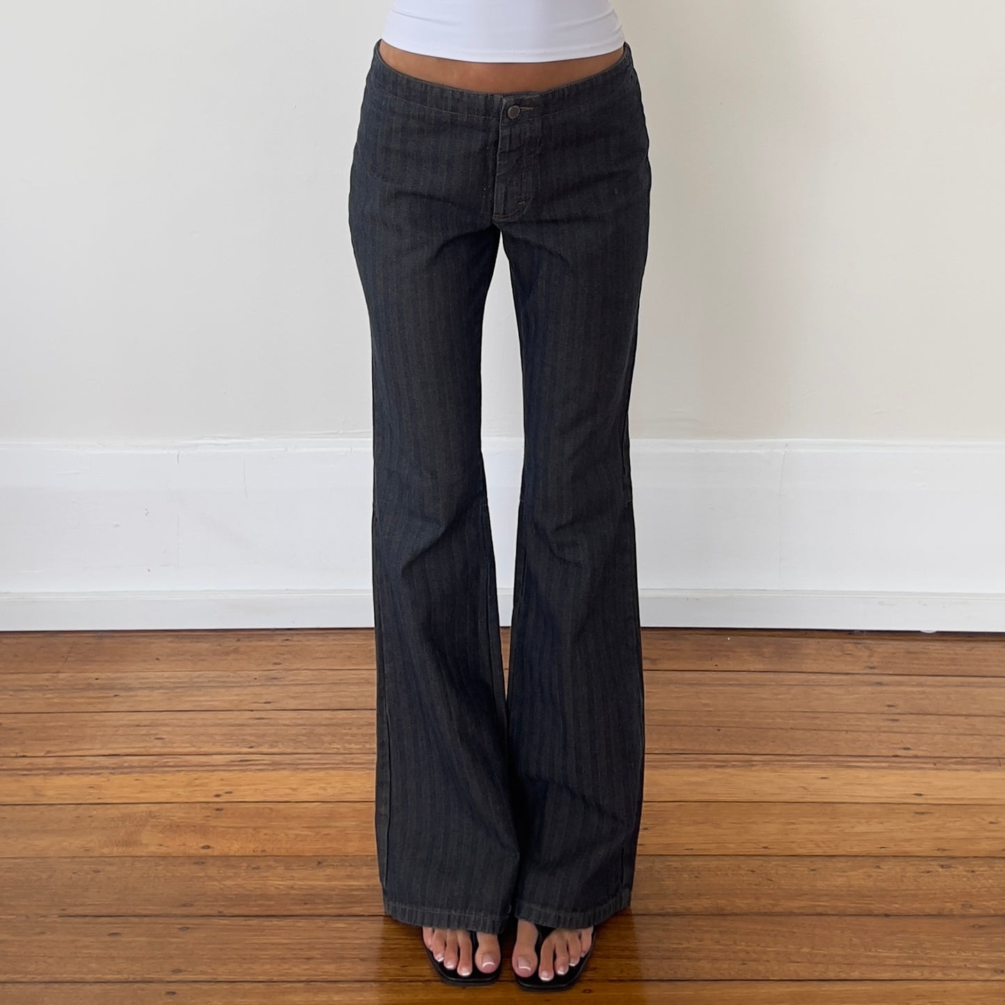 pinstripe flared jeans with slit