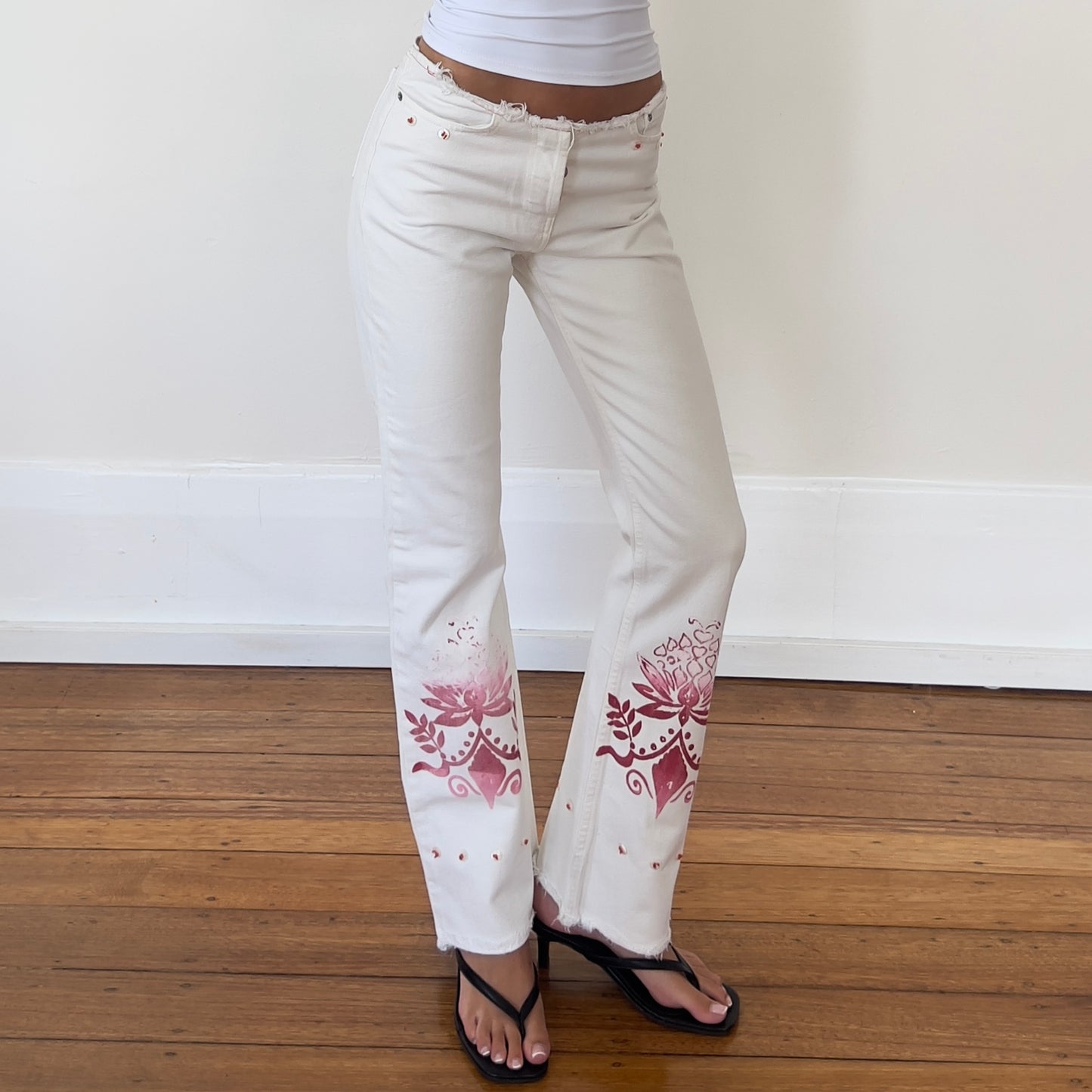 white printed jeans
