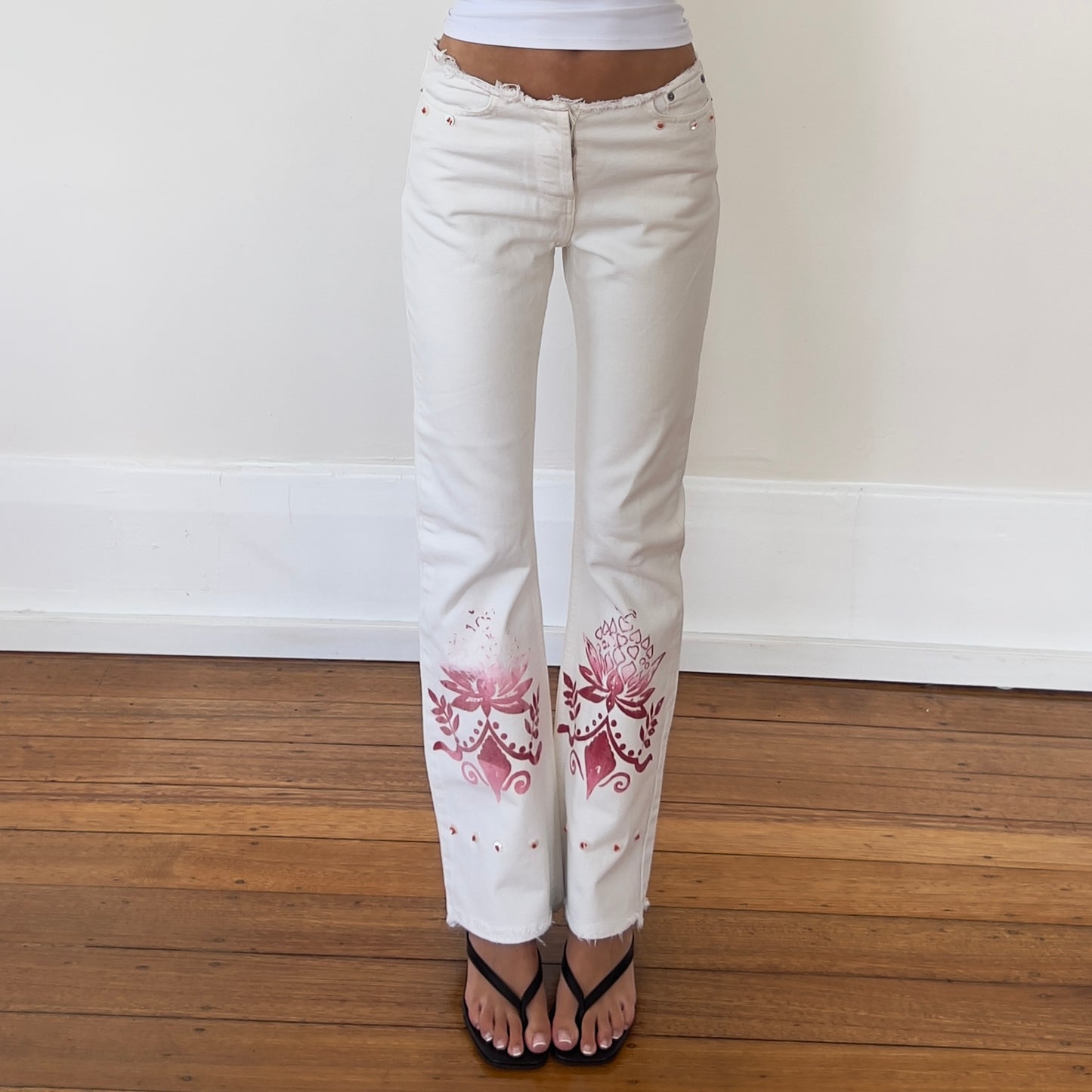 white printed jeans