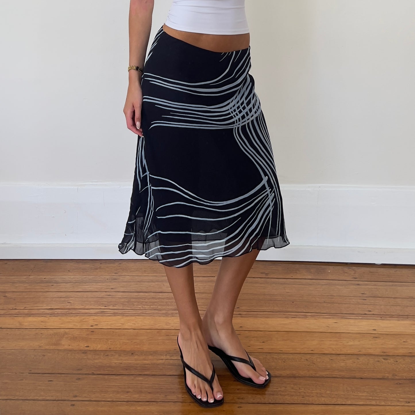 navy graphic midi skirt