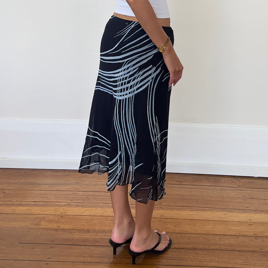 navy graphic midi skirt