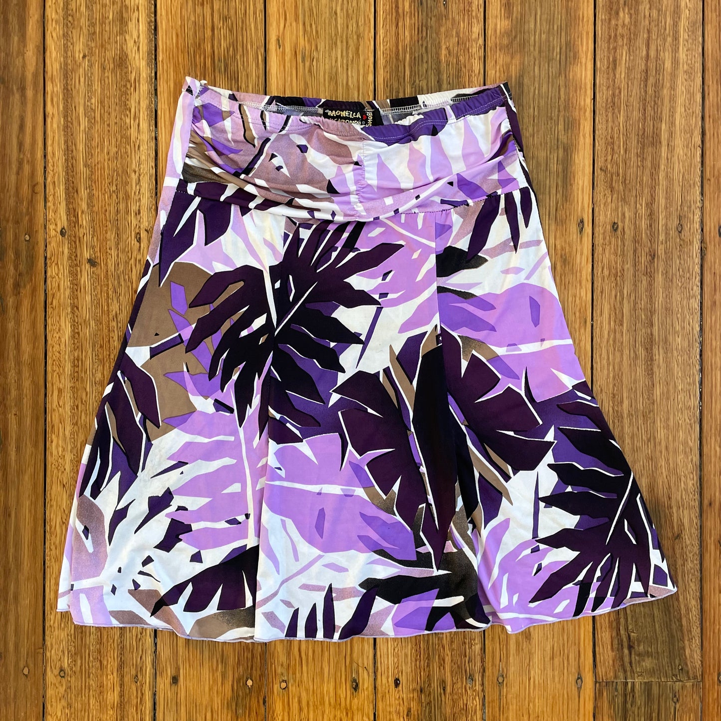 purple graphic midi skirt