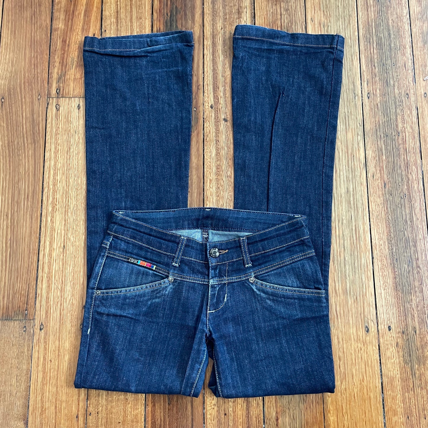 dark denim low rise flared jeans