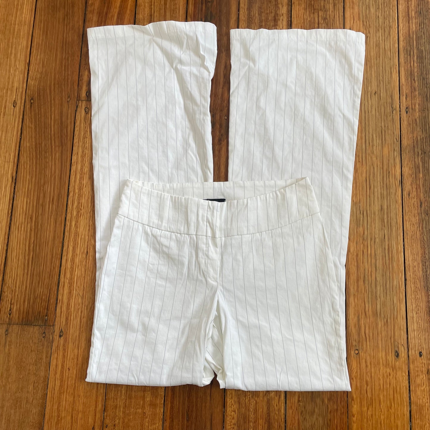 white pinstripe trousers