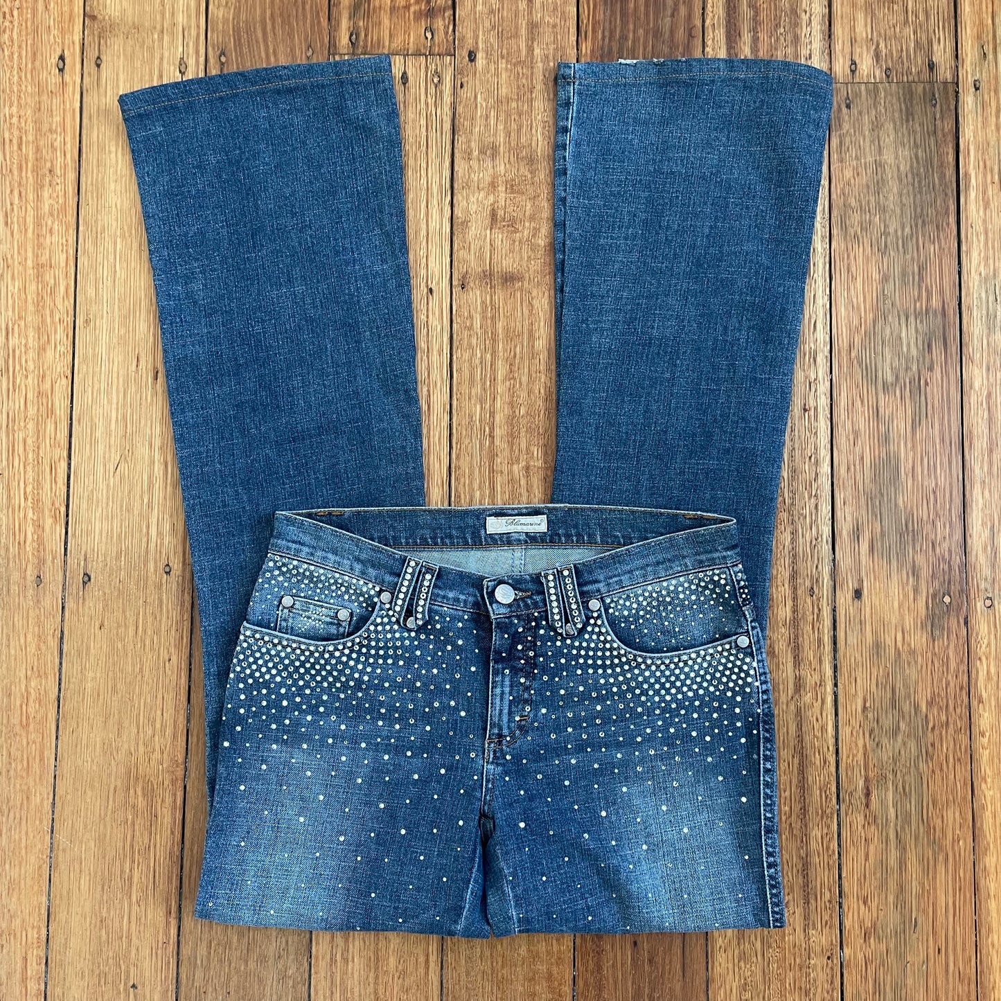 rhinestone low rise flared jeans