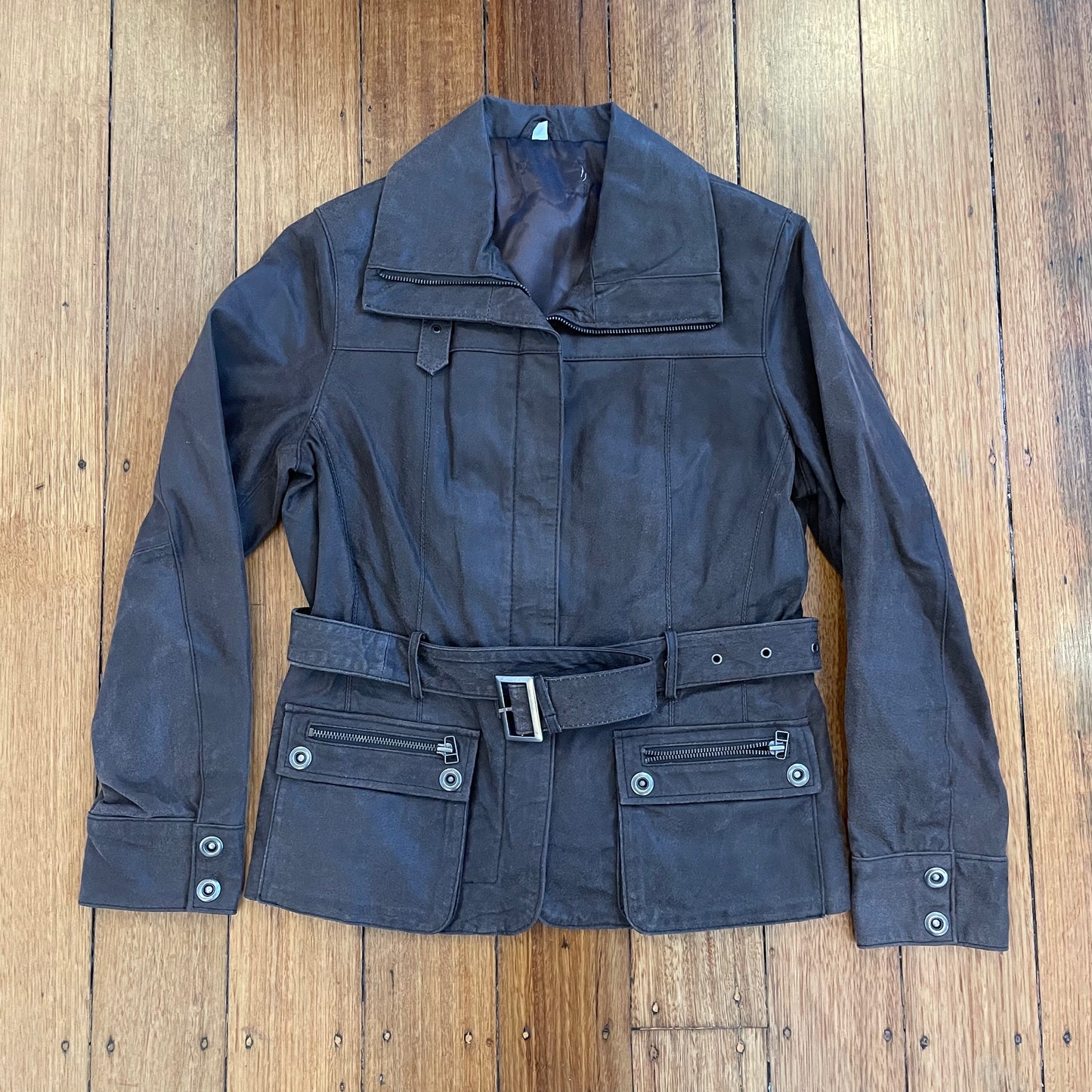 brown belted leather moto jacket
