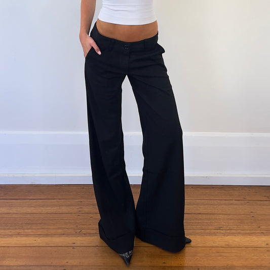 black low rise wide leg trousers