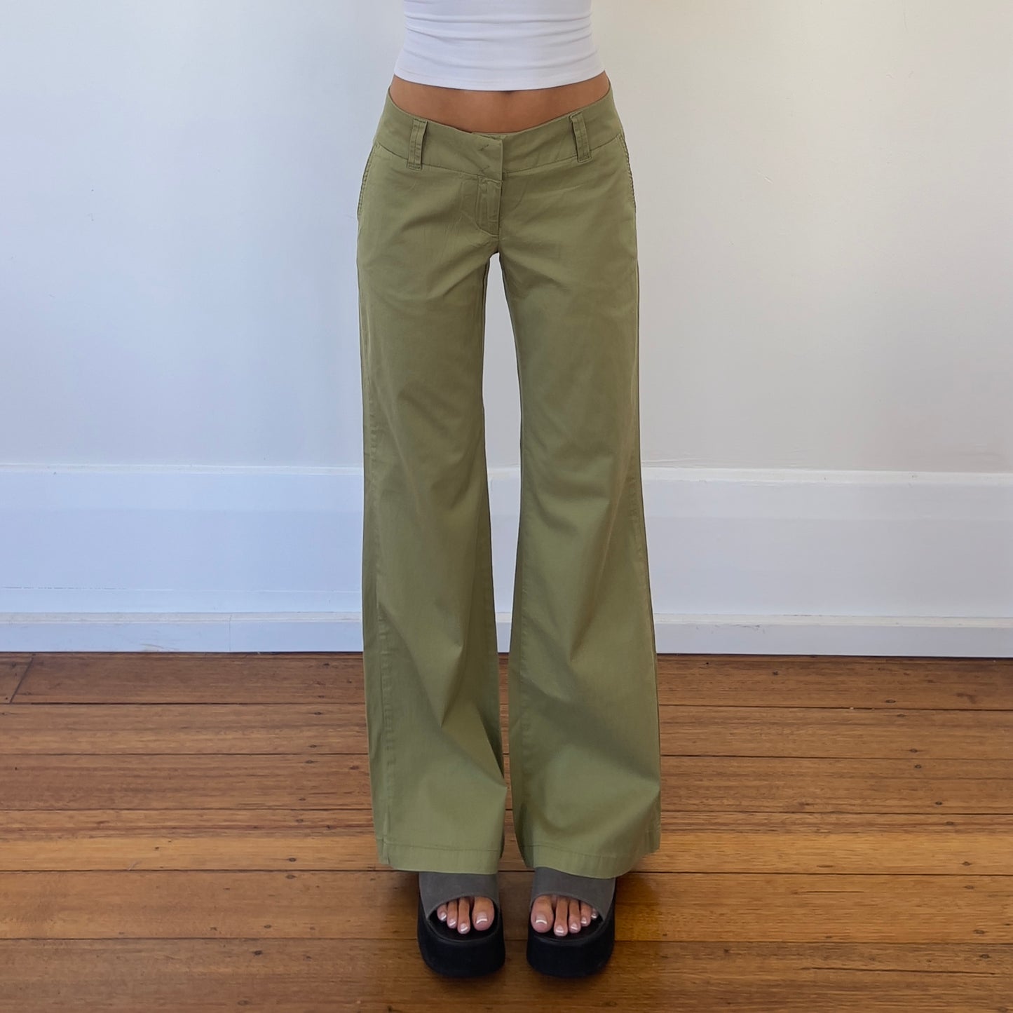low rise wide leg olive trousers