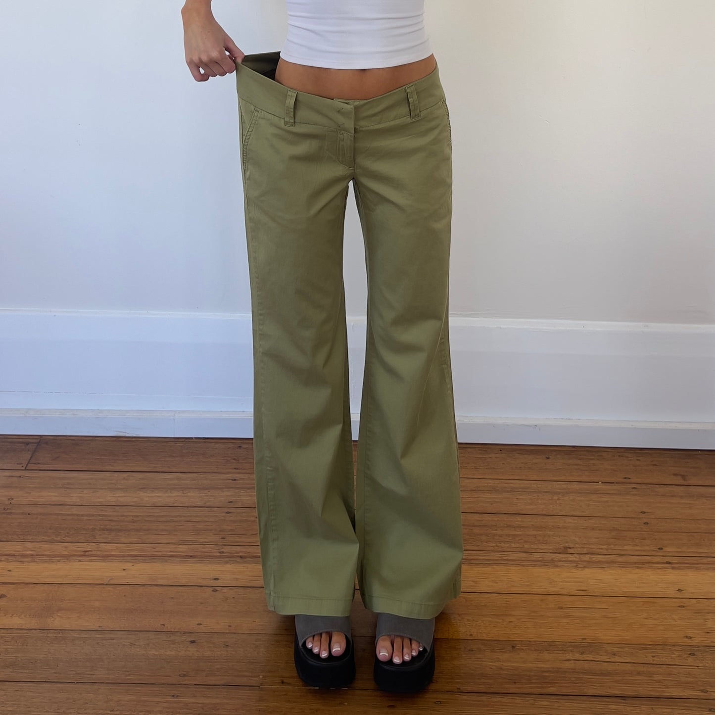 low rise wide leg olive trousers