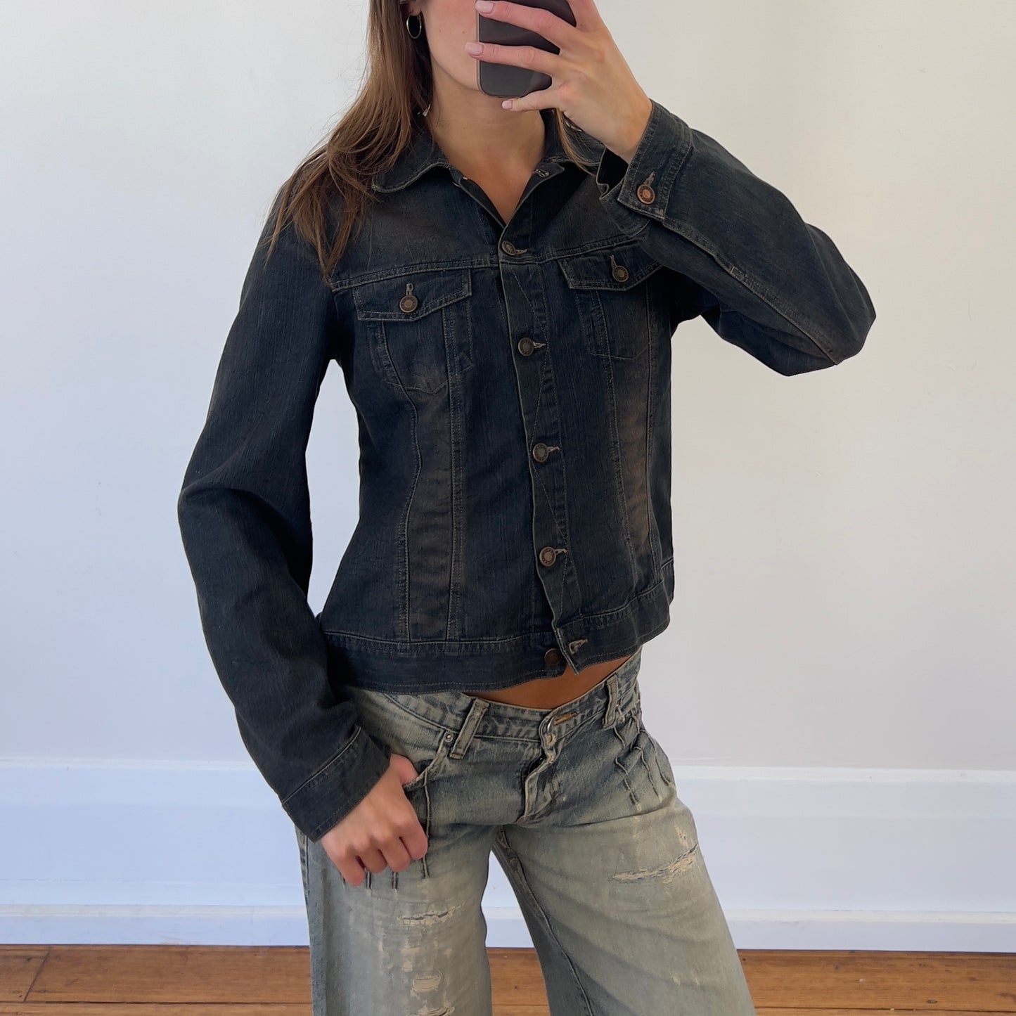dark denim button up jacket