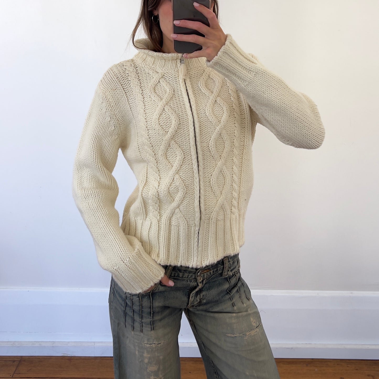 cream zip up wool knit