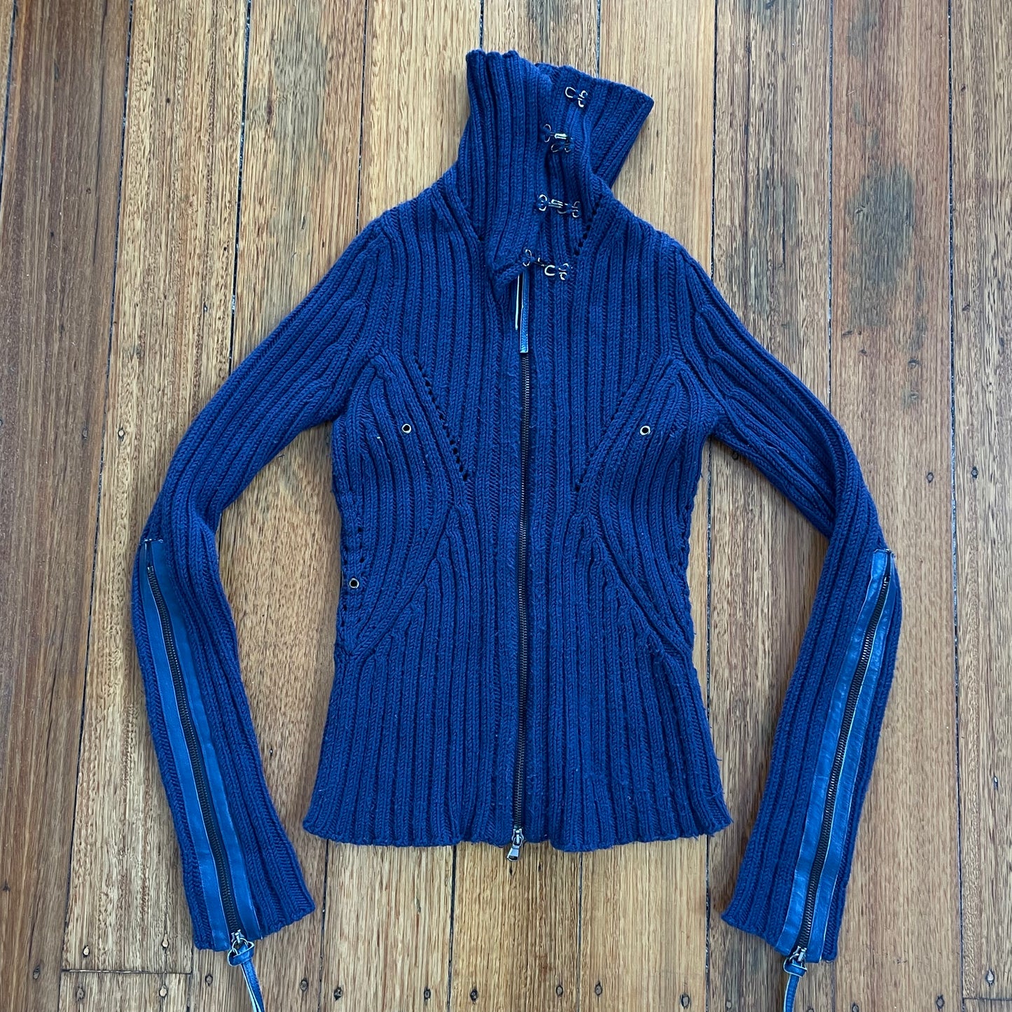 navy zip-up wool knit