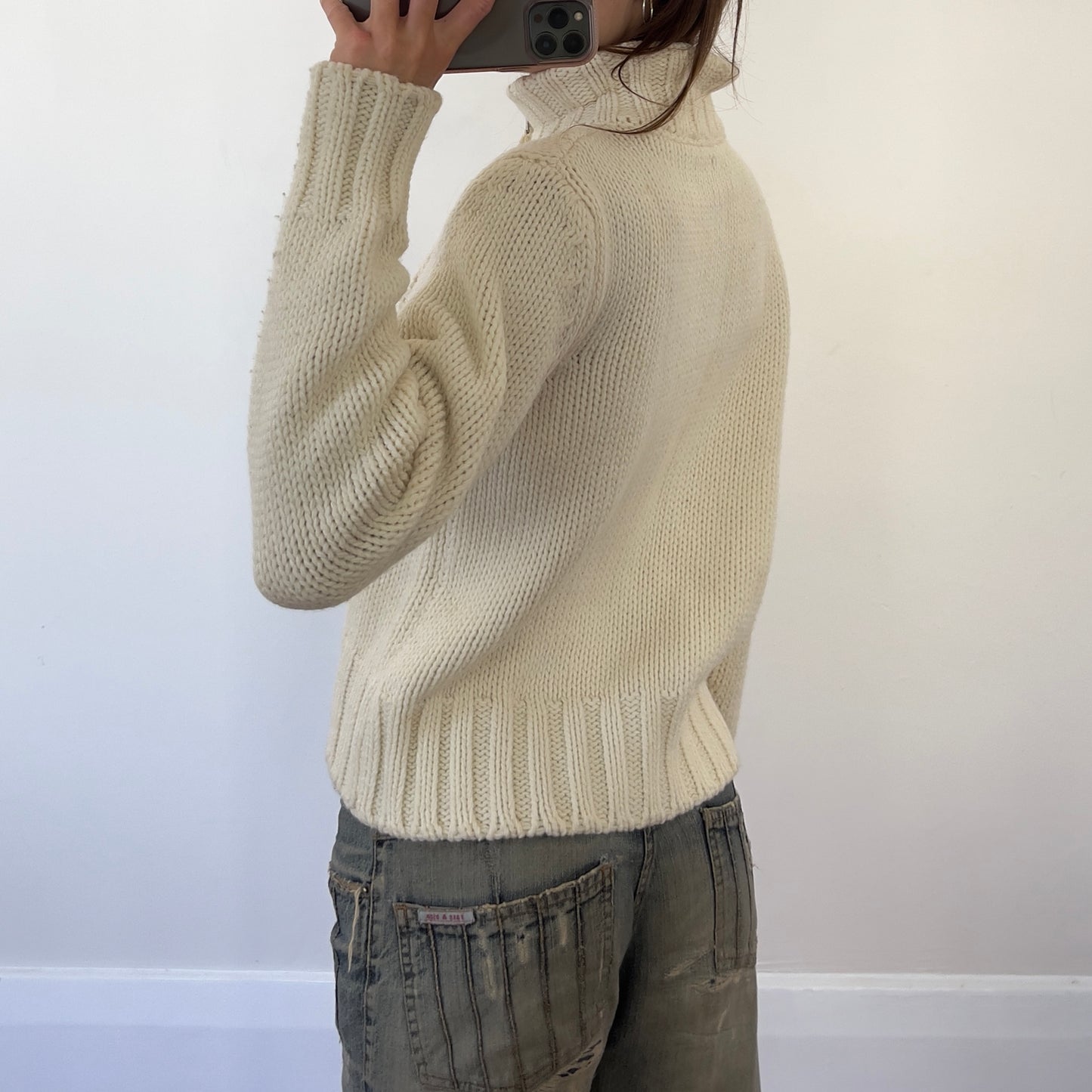 cream zip up wool knit