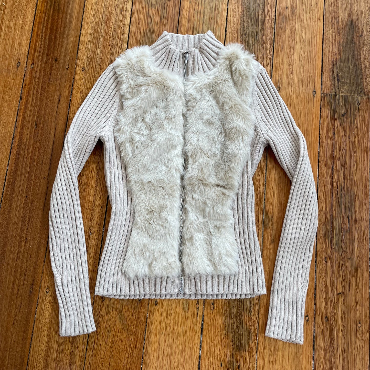 beige fur zip-up knit