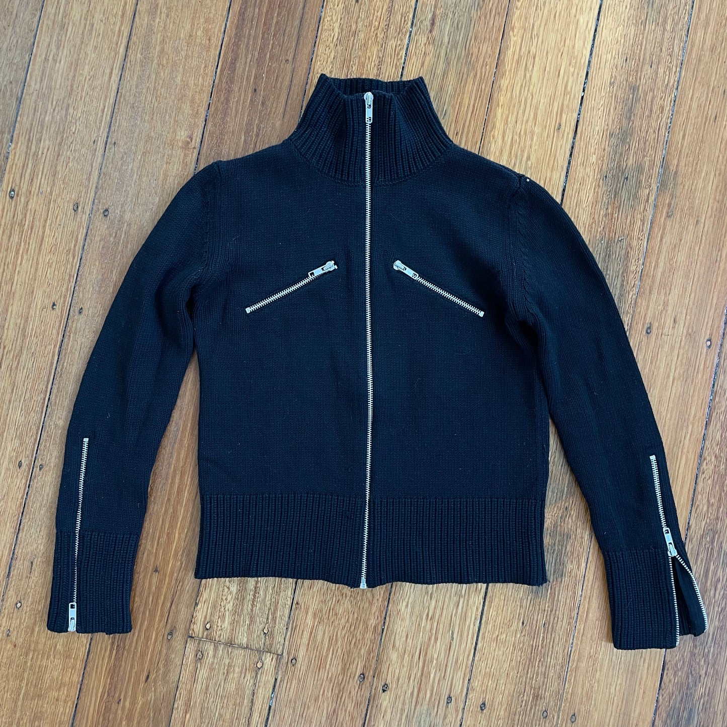black wool zip-up knit