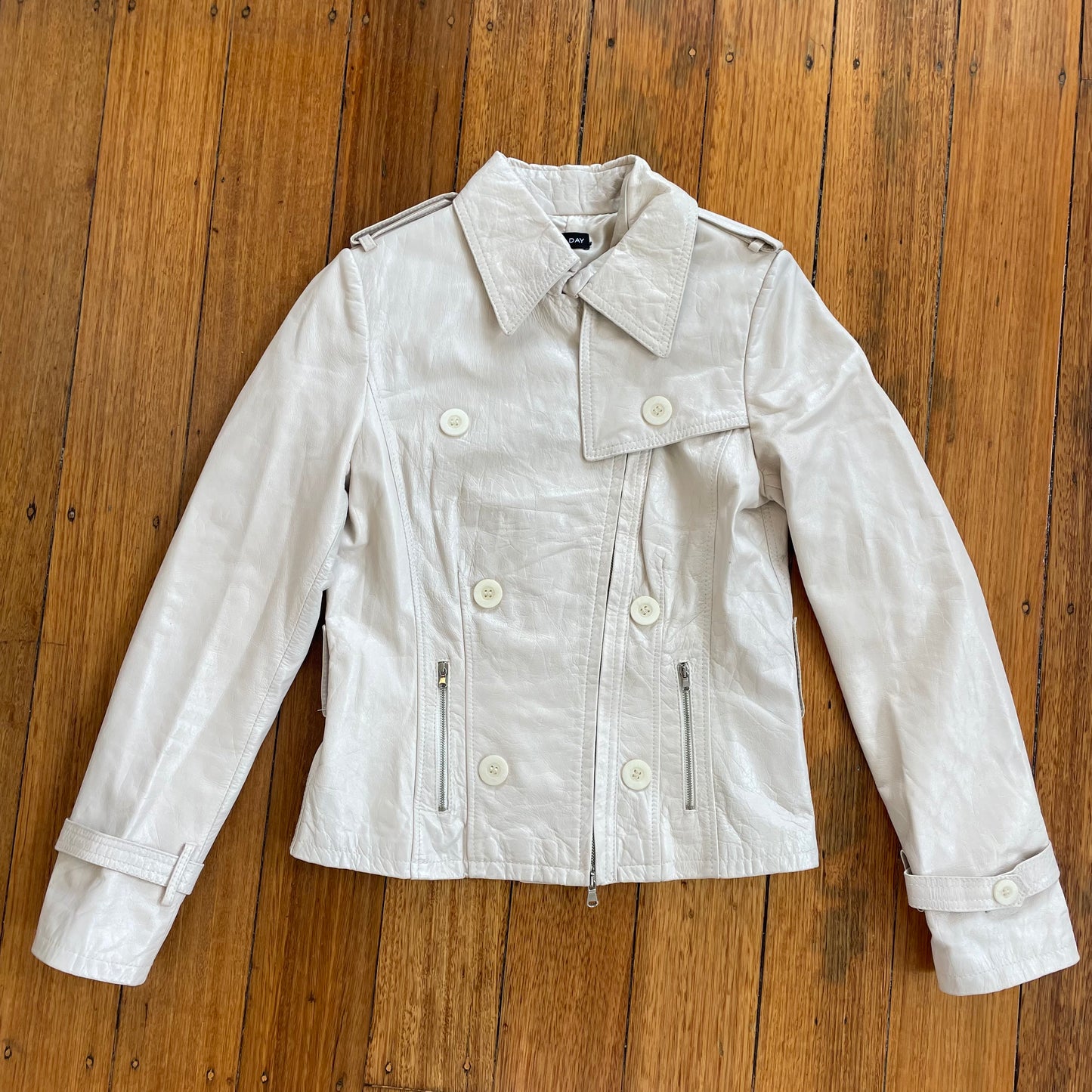 cream leather trench-style jacket