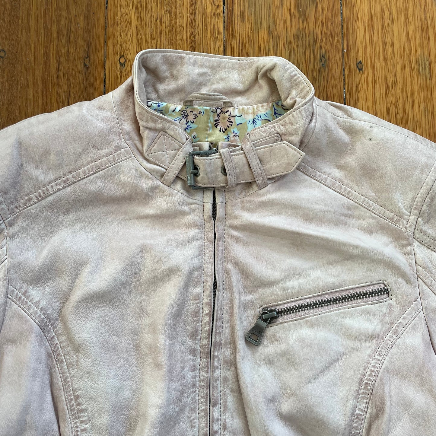pink leather jacket