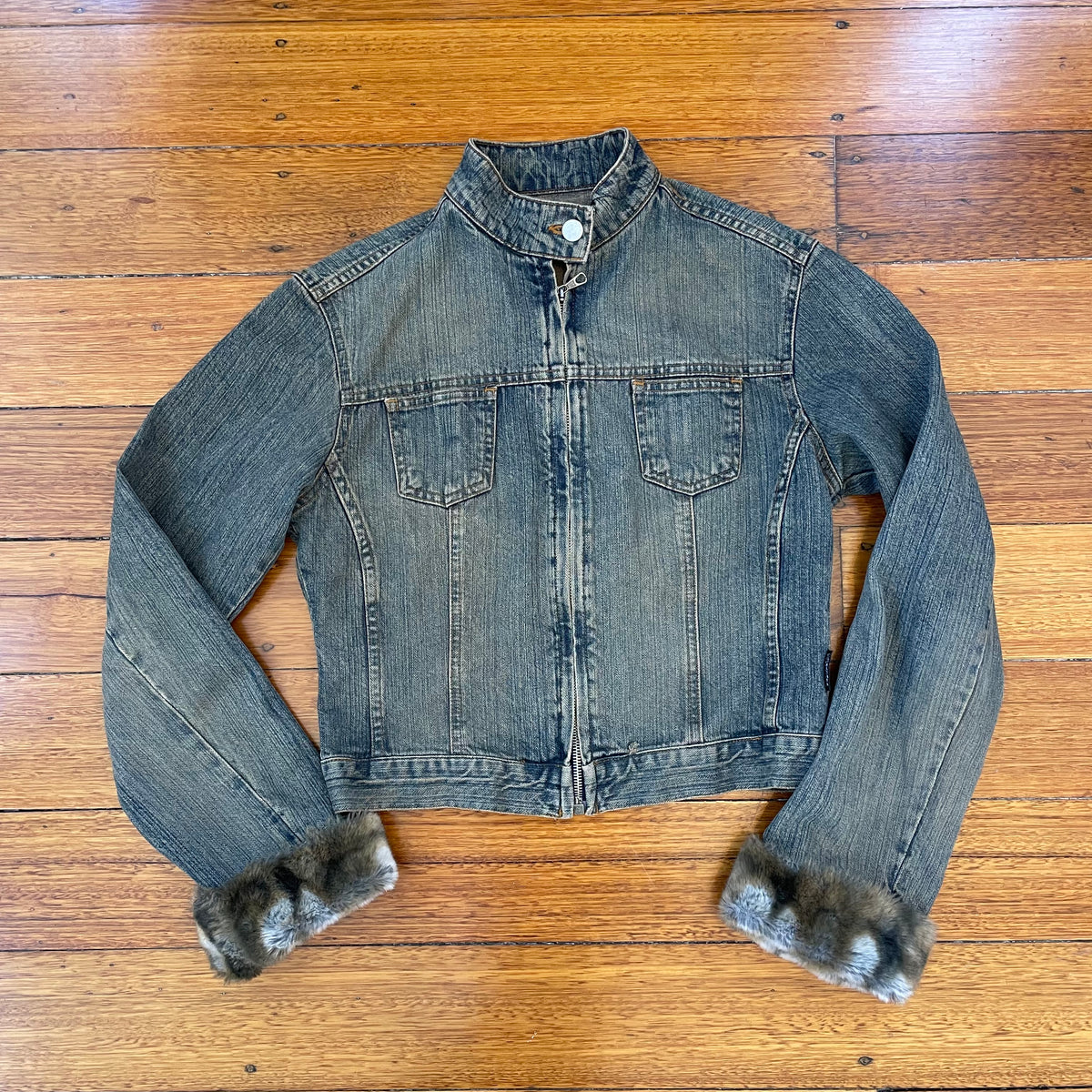denim/fur moto style jacket