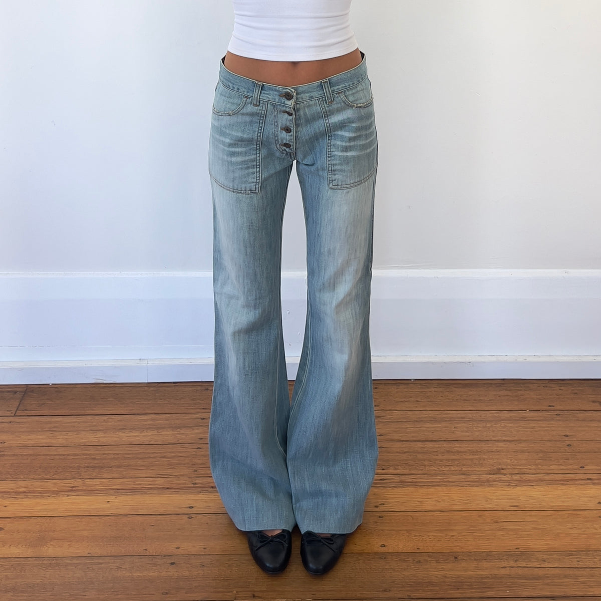 light denim wide flared jeans