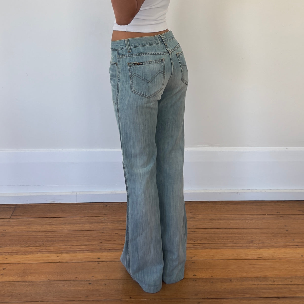 light denim wide flared jeans