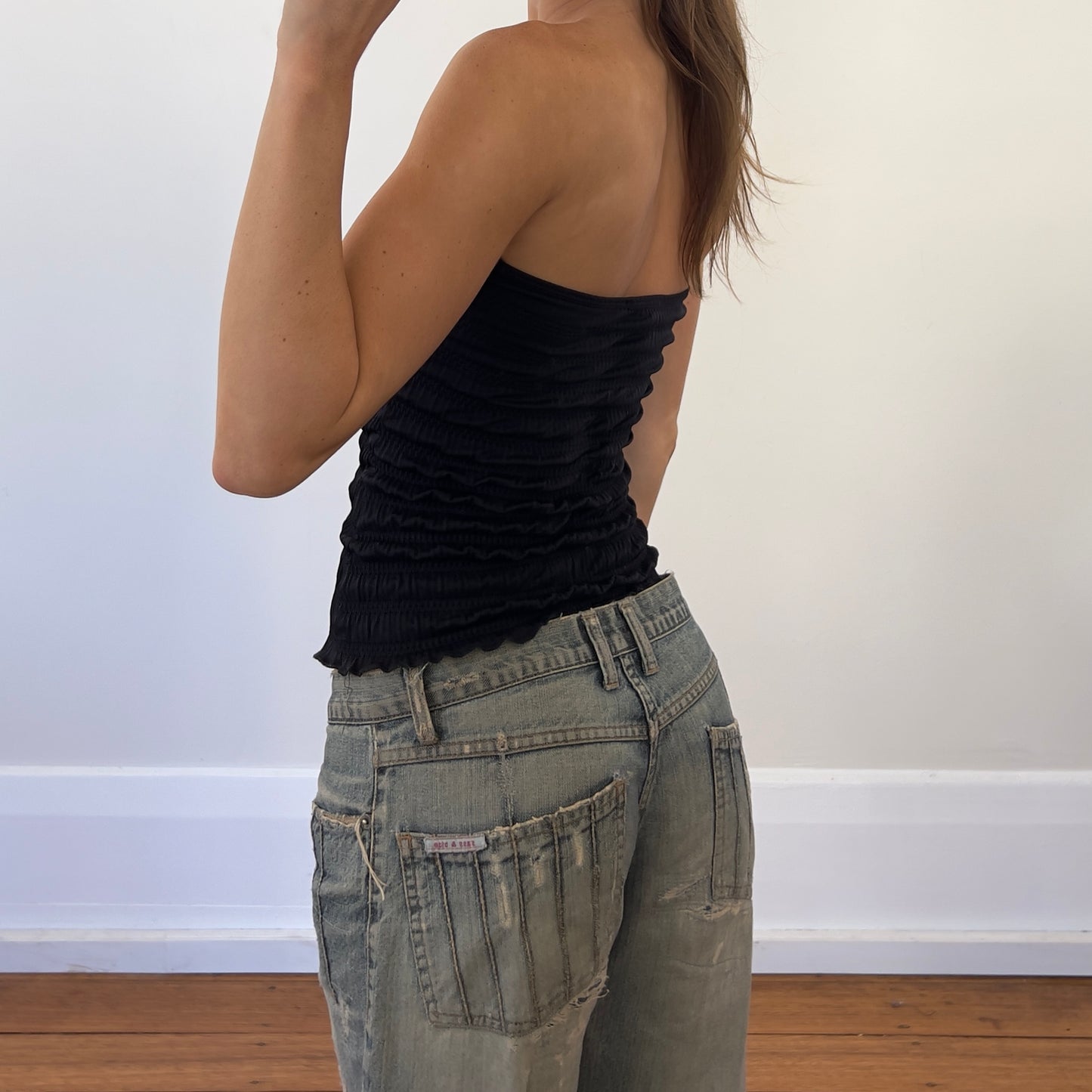 black ruched strapless top