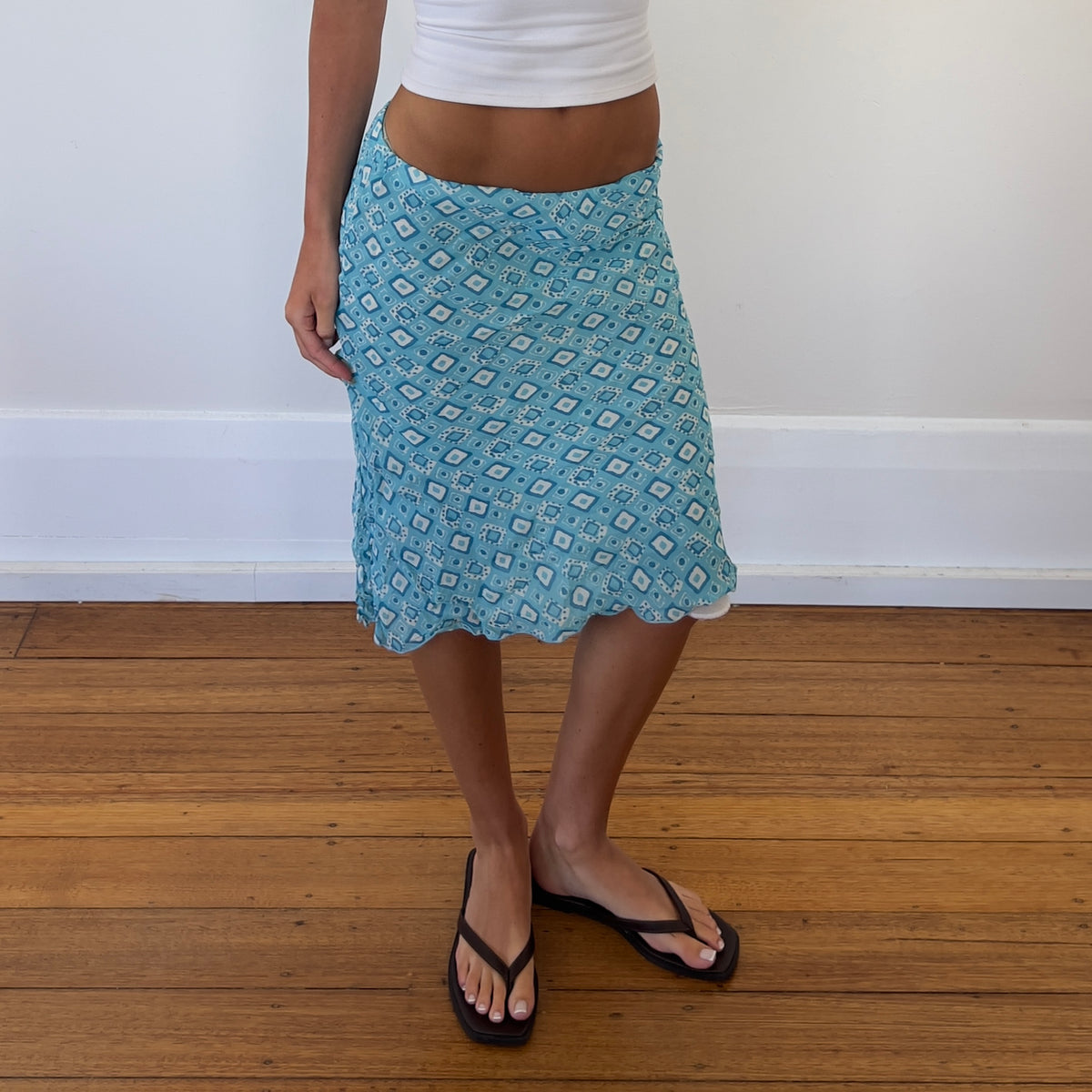 graphic blue midi skirt