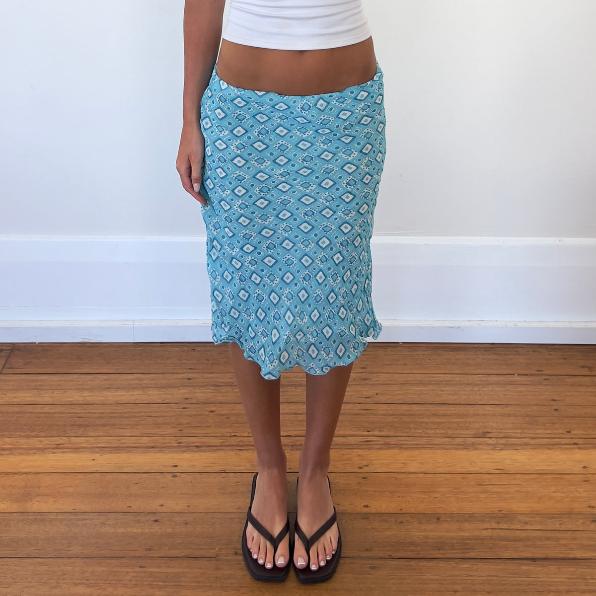 graphic blue midi skirt