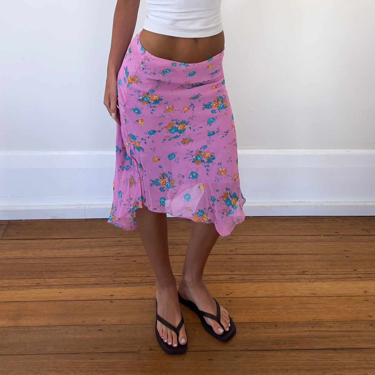 pink floral midi skirt