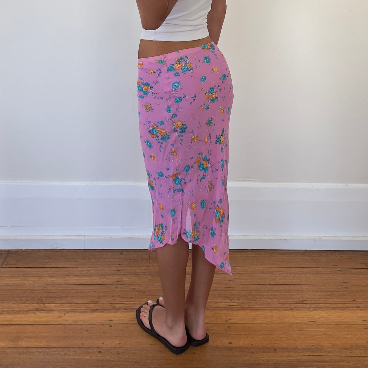 pink floral midi skirt