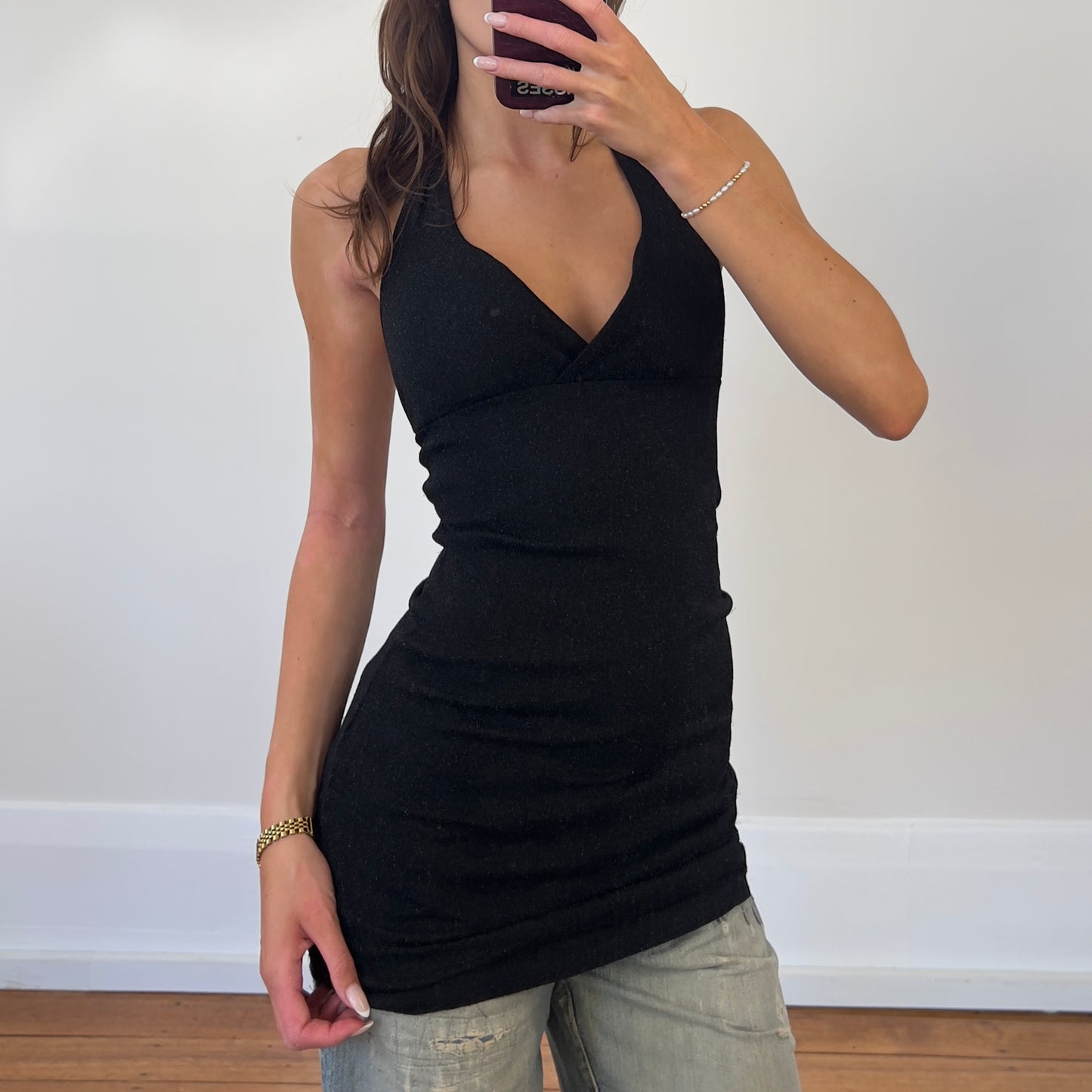 black sparkle halter mini dress