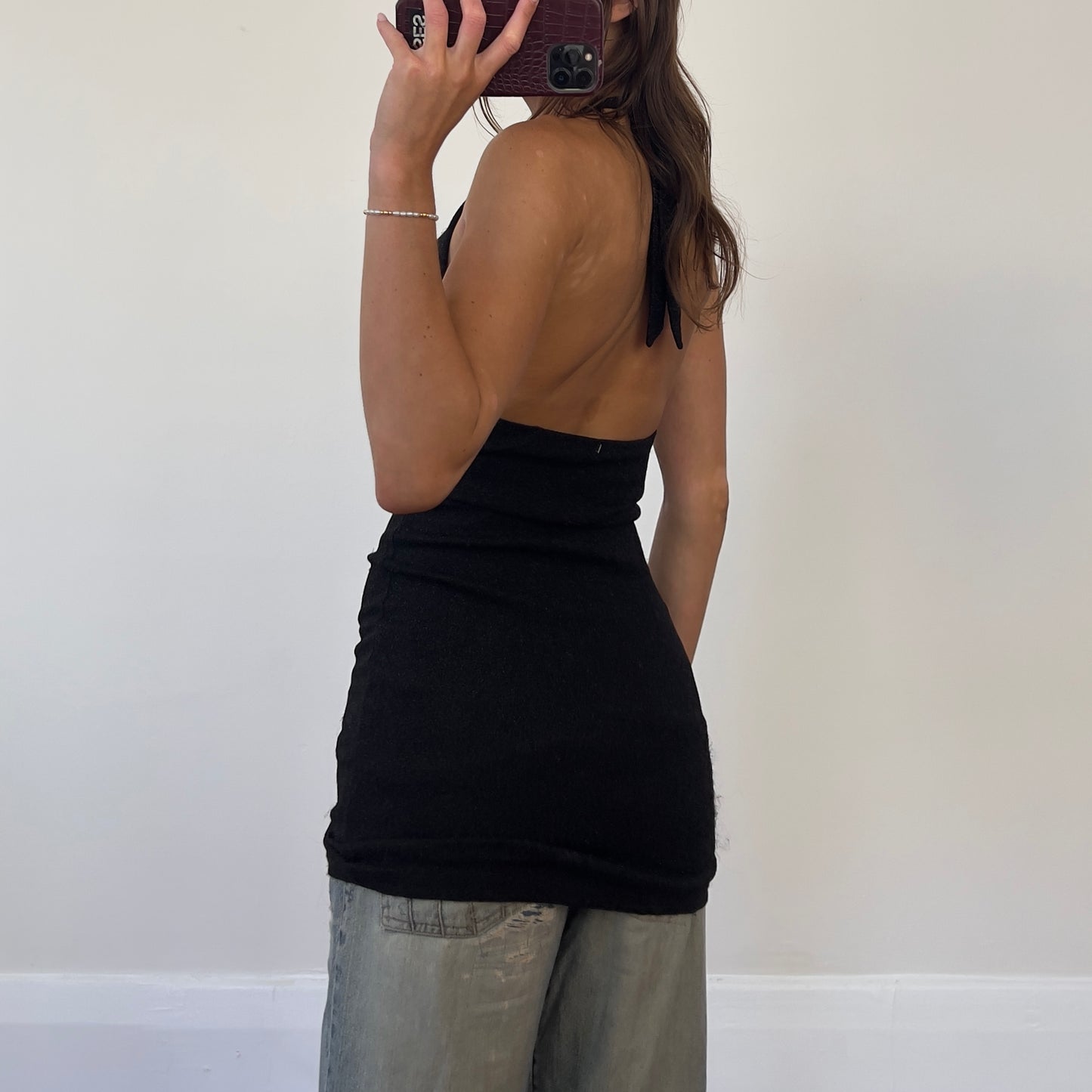 black sparkle halter mini dress