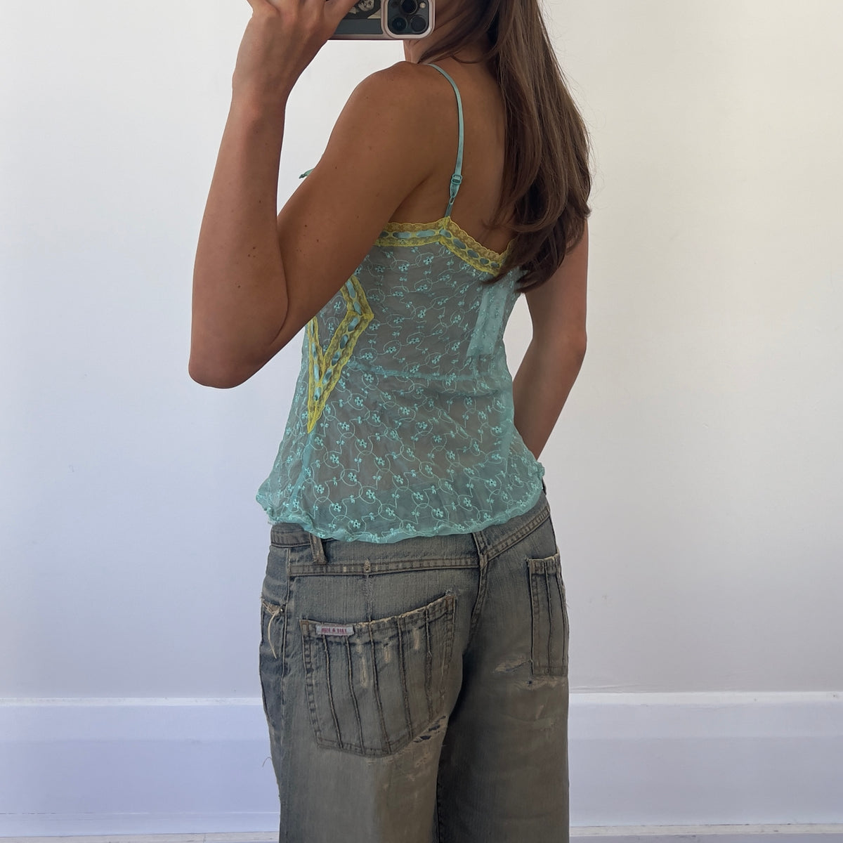 aqua/yellow silk bow cami