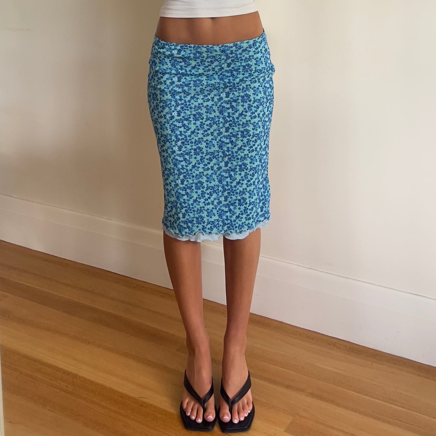 blue floral midi skirt